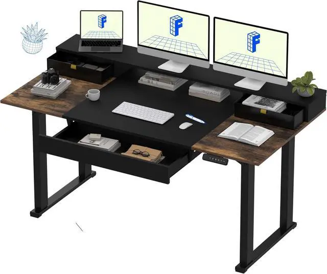 Main image of 4-Leg Standing Desk with Storage 71x32 in Electric Adjustable Height with 3 Drawers & Shelving Home Office Workstation (Black + Special Walnut Top)