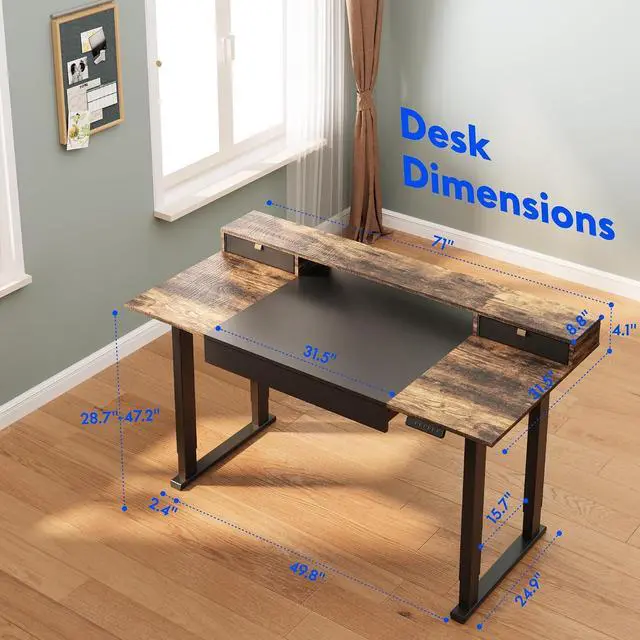 Alt view image 3 of 7 - 4-Leg Standing Desk with Storage 71x32 in Electric Adjustable Height with 3 Drawers & Shelving Home Office Workstation (Black + Special Walnut Top)