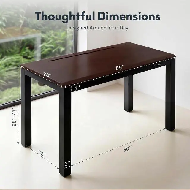 Alt view image 2 of 7 - E3Q-PRO 4-Leg Dual Motor Standing Desk, Complete Workspace System with Integrated Power & Cable Management, 55"x28" Solid Rubberwood Desktop, USB Charging, 265 lbs Capacity, Walnut