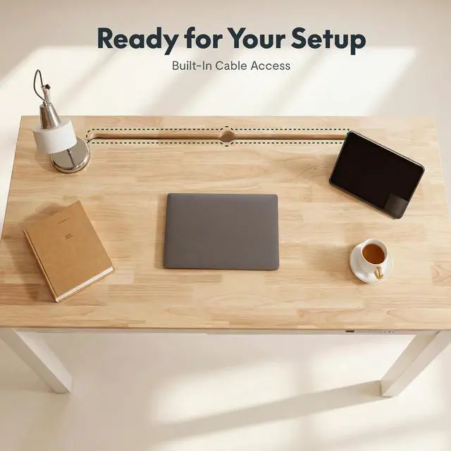 Alt view image 7 of 7 - E3Q-PRO 4-Leg Dual Motor Standing Desk, Complete Workspace System with Integrated Power & Cable Management, 55"x28" Solid Rubberwood Desktop, USB Charging, 265 lbs Capacity, Natural