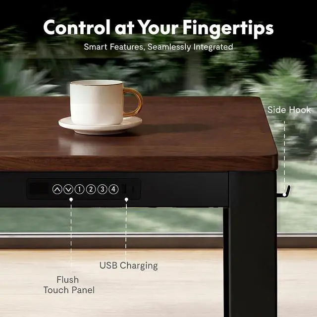 Alt view image 6 of 7 - E3Q-PRO 4-Leg Dual Motor Standing Desk, Complete Workspace System with Integrated Power & Cable Management, 55"x28" Solid Rubberwood Desktop, USB Charging, 265 lbs Capacity, Walnut