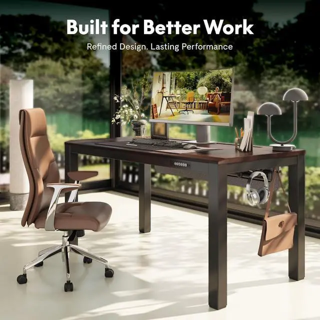 Alt view image 3 of 7 - E3Q-PRO 4-Leg Dual Motor Standing Desk, Complete Workspace System with Integrated Power & Cable Management, 55"x28" Solid Rubberwood Desktop, USB Charging, 265 lbs Capacity, Walnut