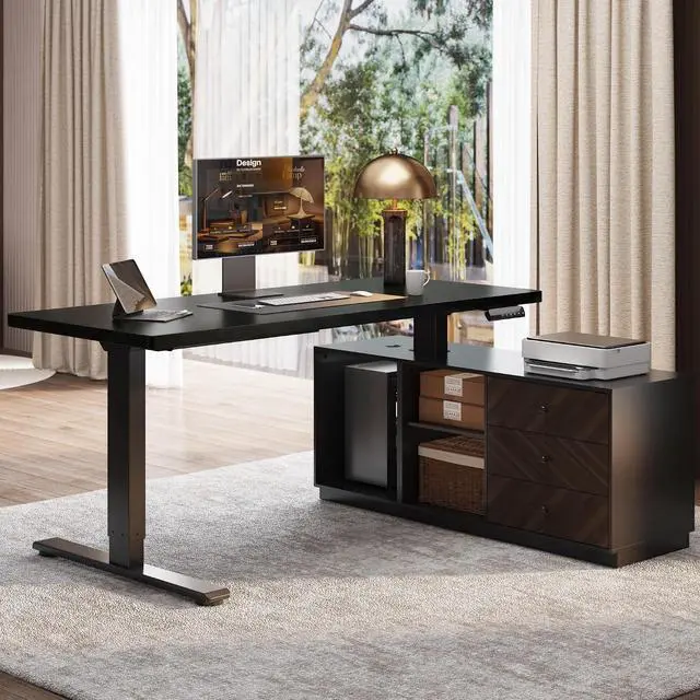 Main image of 55" L Shaped Standing Desk with Storage & CPU Holder, Dual Motor Height Adjustable Executive Desk, 222 LBS Capacity, 1" Thick Desktop for Home Office, Black, 3 Packages