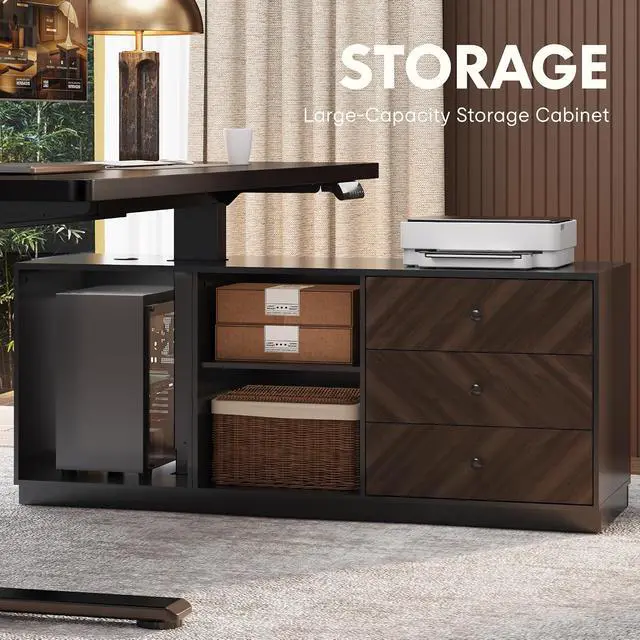 Alt view image 3 of 7 - 55" L Shaped Standing Desk with Storage & CPU Holder, Dual Motor Height Adjustable Executive Desk, 222 LBS Capacity, 1" Thick Desktop for Home Office, Black, 3 Packages