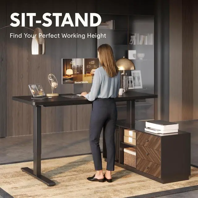 Alt view image 5 of 7 - 55" L Shaped Standing Desk with Storage & CPU Holder, Dual Motor Height Adjustable Executive Desk, 222 LBS Capacity, 1" Thick Desktop for Home Office, Black, 3 Packages