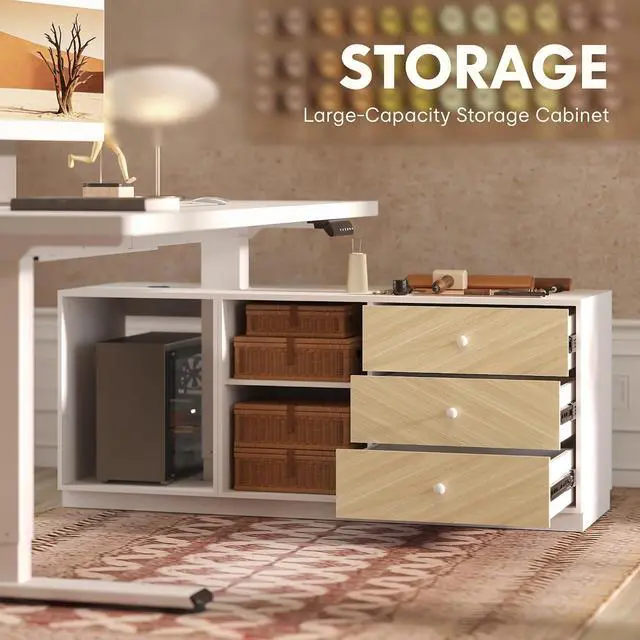 Alt view image 4 of 7 - 55" L Shaped Standing Desk with Storage & CPU Holder, Dual Motor Height Adjustable Executive Desk, 222 LBS Capacity, 1" Thick Desktop for Home Office, White, 3 Packages