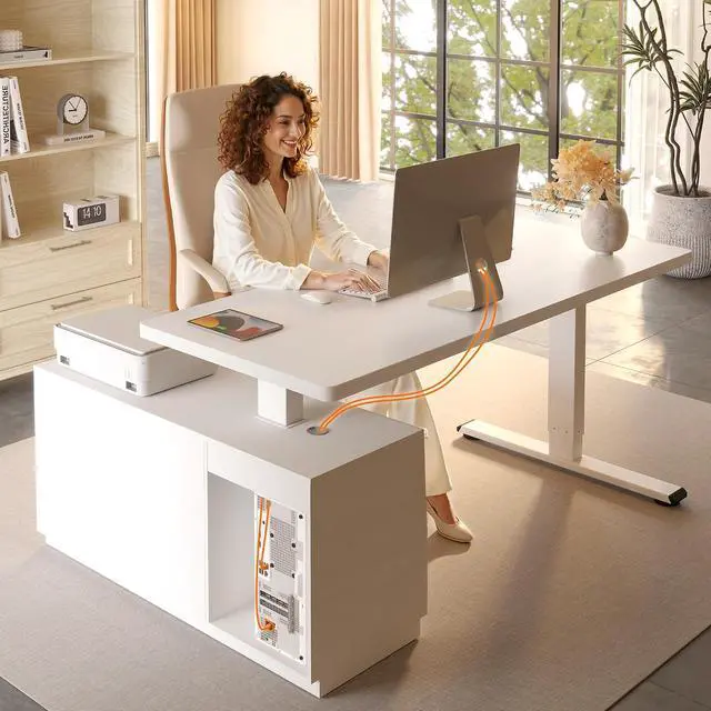 Alt view image 3 of 7 - 55" L Shaped Standing Desk with Storage & CPU Holder, Dual Motor Height Adjustable Executive Desk, 222 LBS Capacity, 1" Thick Desktop for Home Office, White, 3 Packages