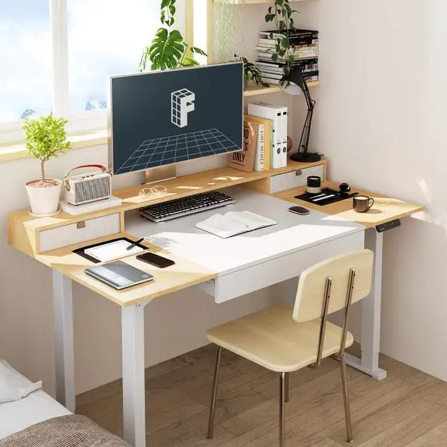 Alt view image 2 of 7 - 4-Leg Standing Desk with Storage 71x32 in Electric Adjustable Height with 3 Drawers & Shelving Home Office Workstation (White + Maple Top)