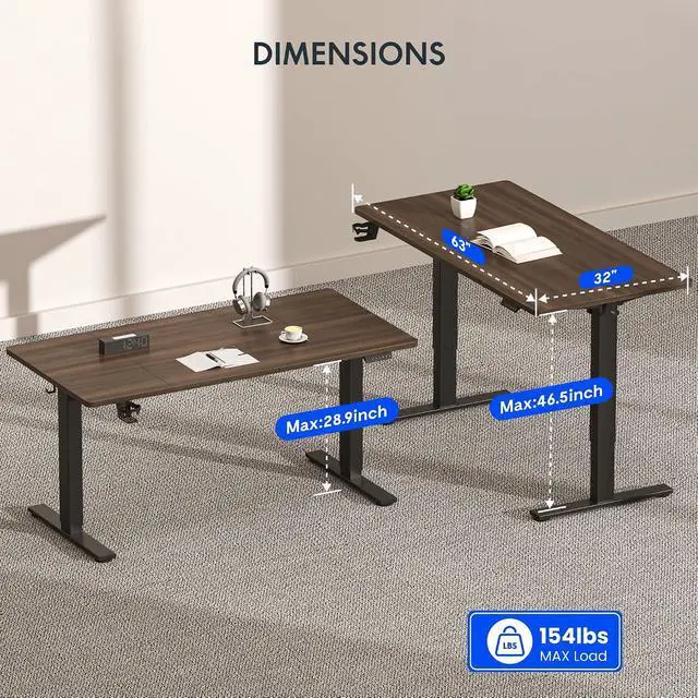 Alt view image 5 of 7 - 63" x 32" Office Standing Desk, Height Adjustable Sit-Stand Desk, Quiet & Stable, with Cable Management & Cup Holder, for Commercial Use, Black Walnut Top (2 Packages)
