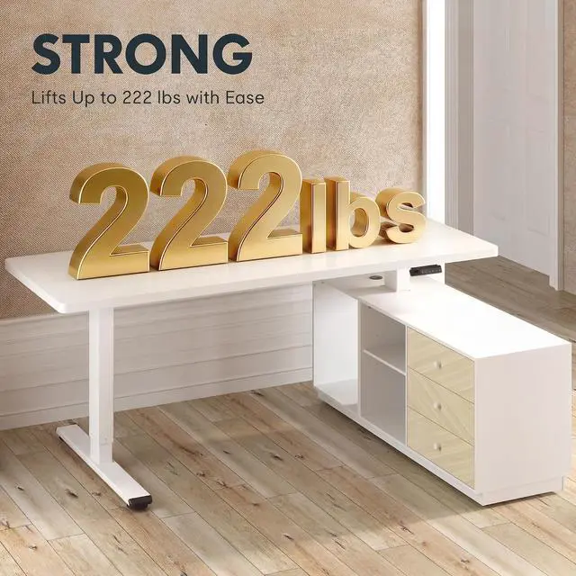 Alt view image 7 of 7 - 55" L Shaped Standing Desk with Storage & CPU Holder, Dual Motor Height Adjustable Executive Desk, 222 LBS Capacity, 1" Thick Desktop for Home Office, White, 3 Packages