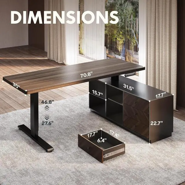 Alt view image 2 of 7 - 71" L Shaped Standing Desk with Storage & CPU Holder, Dual Motor Height Adjustable Executive Desk, 222 LBS Capacity, 1" Thick Desktop for Home Office, Black Walnut, 3 Packages