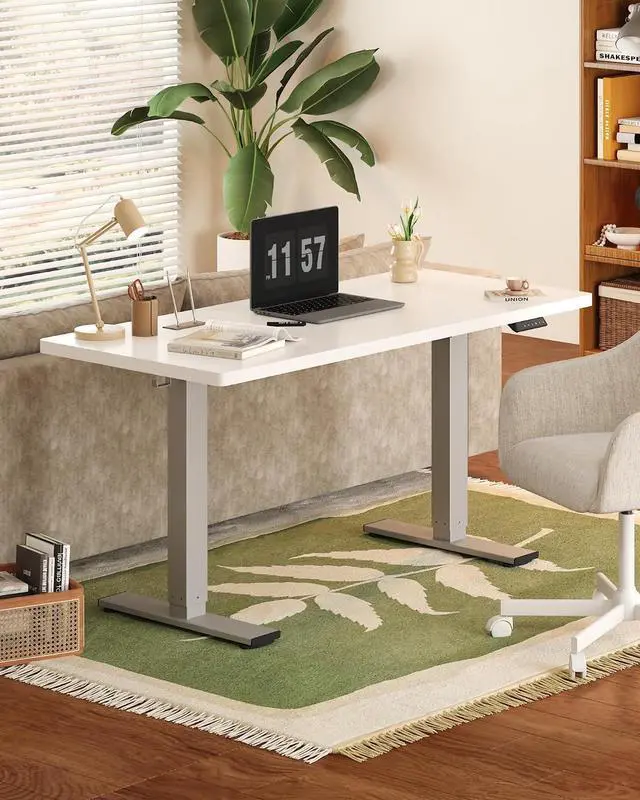 Alt view image 2 of 7 - EN1 One-Piece Standing Desk, 55 x 28 Inches Stand Up Desk Workstation with Seamless Desktop Board (Silver Frame + 55 inches White Top, 2 Packages)