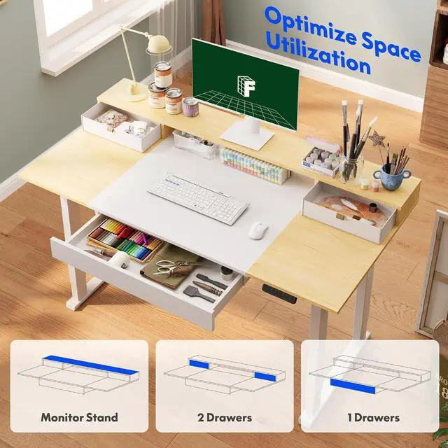 Alt view image 4 of 7 - 4-Leg Standing Desk with Storage 71x32 in Electric Adjustable Height with 3 Drawers & Shelving Home Office Workstation (White + Maple Top)