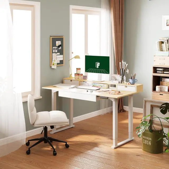Alt view image 6 of 7 - 4-Leg Standing Desk with Storage 71x32 in Electric Adjustable Height with 3 Drawers & Shelving Home Office Workstation (White + Maple Top)