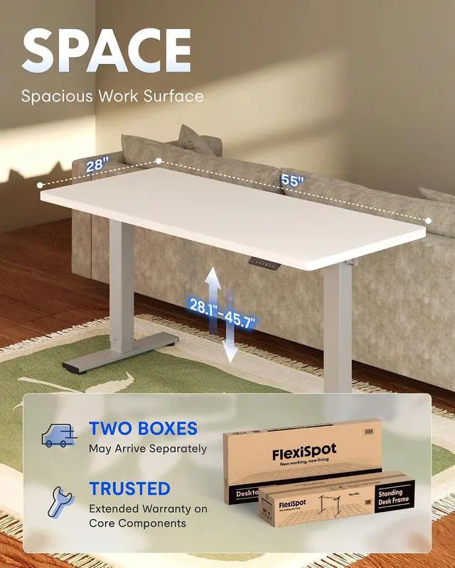 Alt view image 7 of 7 - EN1 One-Piece Standing Desk, 55 x 28 Inches Stand Up Desk Workstation with Seamless Desktop Board (Silver Frame + 55 inches White Top, 2 Packages)