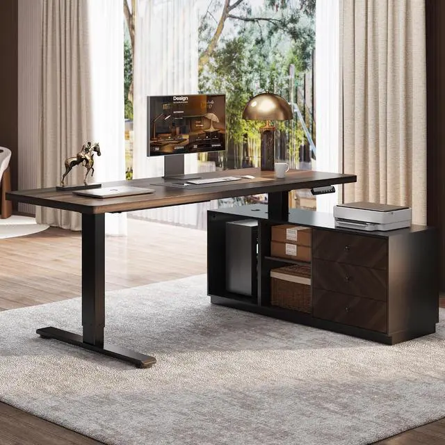 Main image of 71" L Shaped Standing Desk with Storage & CPU Holder, Dual Motor Height Adjustable Executive Desk, 222 LBS Capacity, 1" Thick Desktop for Home Office, Black Walnut, 3 Packages