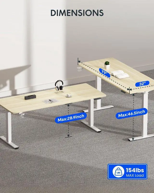 Alt view image 6 of 7 - 79" x 32" Office Standing Desk, Height Adjustable Sit-Stand Desk, Quiet & Stable, with Cable Management & Cup Holder, for Commercial Use, White Wood Grain Top (2 Packages)