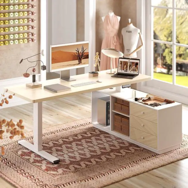 Main image of 71" L Shaped Standing Desk with Storage & CPU Holder, Dual Motor Height Adjustable Executive Desk, 222 LBS Capacity, 1" Thick Desktop for Home Office, White Wood Grain, 3 Packages