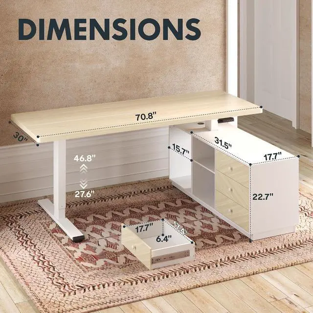 Alt view image 2 of 7 - 71" L Shaped Standing Desk with Storage & CPU Holder, Dual Motor Height Adjustable Executive Desk, 222 LBS Capacity, 1" Thick Desktop for Home Office, White Wood Grain, 3 Packages