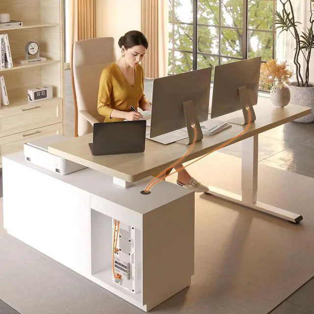 Alt view image 3 of 7 - 71" L Shaped Standing Desk with Storage & CPU Holder, Dual Motor Height Adjustable Executive Desk, 222 LBS Capacity, 1" Thick Desktop for Home Office, White Wood Grain, 3 Packages