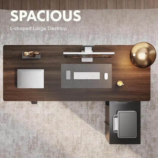Alt view image 6 of 7 - 71" L Shaped Standing Desk with Storage & CPU Holder, Dual Motor Height Adjustable Executive Desk, 222 LBS Capacity, 1" Thick Desktop for Home Office, Black Walnut, 3 Packages