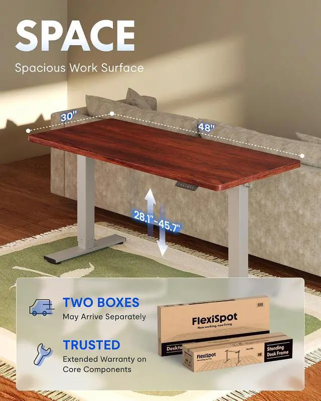 Alt view image 5 of 7 - EN1 One-Piece Adjustable Stand Up Desk - 60 x 24 Inches Electric Standing Desk with Seamless Desktop (Silver Frame + Mahogany Top, 2 Packages)