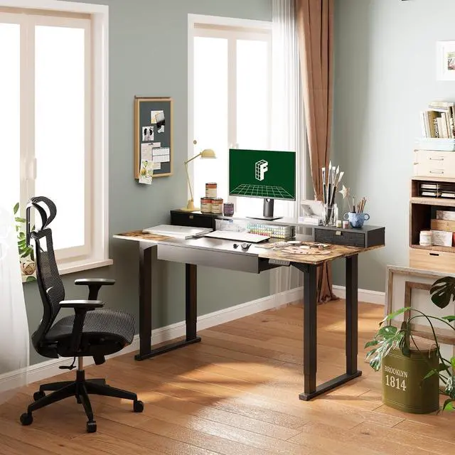 Alt view image 2 of 7 - 4-Leg Standing Desk with Storage 71x32 in Electric Adjustable Height with 3 Drawers & Shelving Home Office Workstation (Black + Special Walnut Top)