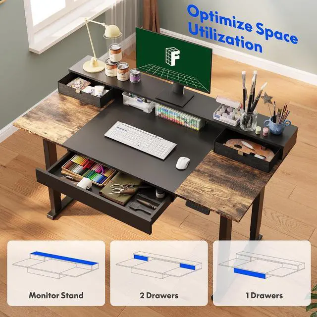 Alt view image 4 of 7 - 4-Leg Standing Desk with Storage 71x32 in Electric Adjustable Height with 3 Drawers & Shelving Home Office Workstation (Black + Special Walnut Top)