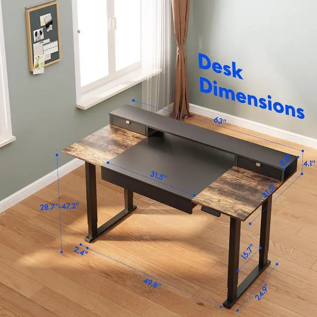 Alt view image 3 of 6 - 63x32 in 4-Leg Standing Desk with Storage Electric Adjustable Height with 3 Drawers & Shelving Home Office Workstation (Black + Special Walnut Top)