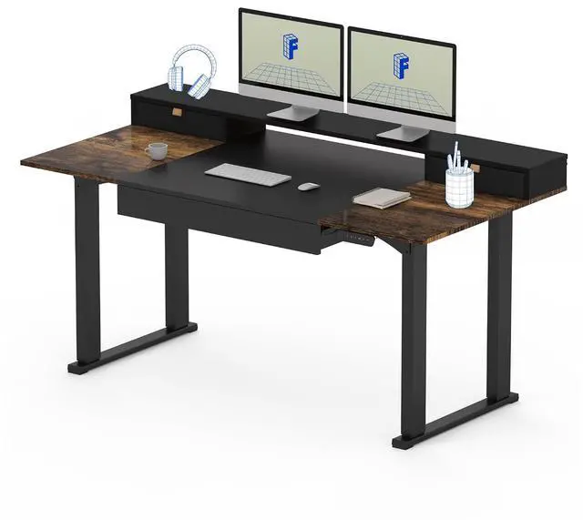Main image of 63x32 in 4-Leg Standing Desk with Storage Electric Adjustable Height with 3 Drawers & Shelving Home Office Workstation (Black + Special Walnut Top)