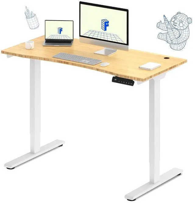Main image of E3 Bamboo Dual Motor Electric Standing Desk 48 x 24 Sit Stand Up Desk, Holds 220 lbs, Adjustable Height w/Memory Presets, Solid Bamboo Curved Desktop & White Frame, Ships in 2 Boxes