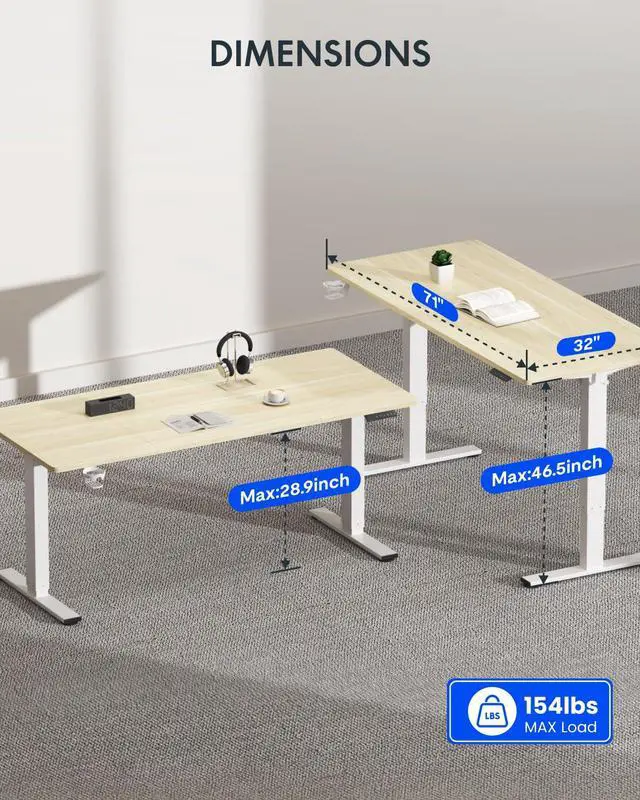 Alt view image 6 of 7 - 71" x 32" Office Standing Desk, Height Adjustable Sit-Stand Desk, Quiet & Stable, with Cable Management & Cup Holder, for Commercial Use, White Wood Grain Top (2 Packages)