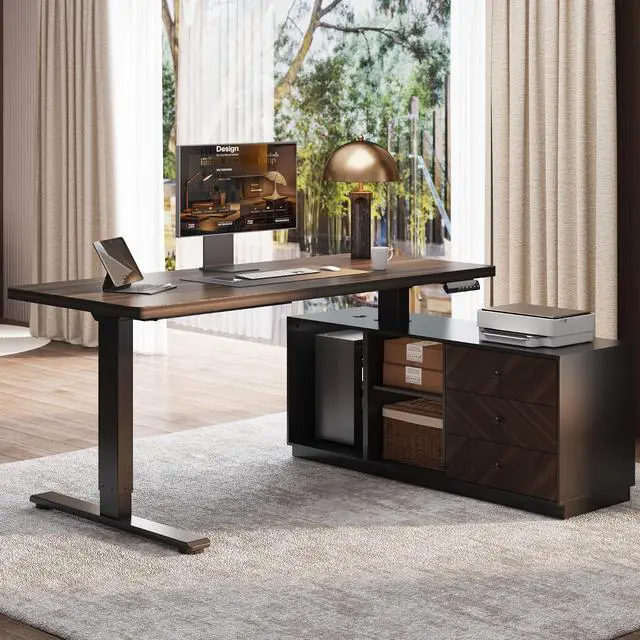 Main image of 55" L Shaped Standing Desk with Storage & CPU Holder, Dual Motor Height Adjustable Executive Desk, 222 LBS Capacity, 1" Thick Desktop for Home Office, Black Walnut, 3 Packages