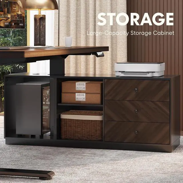 Alt view image 3 of 7 - 55" L Shaped Standing Desk with Storage & CPU Holder, Dual Motor Height Adjustable Executive Desk, 222 LBS Capacity, 1" Thick Desktop for Home Office, Black Walnut, 3 Packages