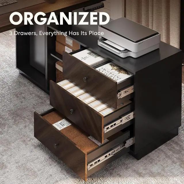 Alt view image 4 of 7 - 55" L Shaped Standing Desk with Storage & CPU Holder, Dual Motor Height Adjustable Executive Desk, 222 LBS Capacity, 1" Thick Desktop for Home Office, Black Walnut, 3 Packages