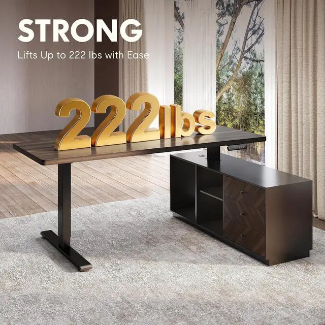 Alt view image 6 of 7 - 55" L Shaped Standing Desk with Storage & CPU Holder, Dual Motor Height Adjustable Executive Desk, 222 LBS Capacity, 1" Thick Desktop for Home Office, Black Walnut, 3 Packages