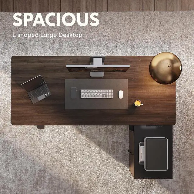 Alt view image 5 of 7 - 55" L Shaped Standing Desk with Storage & CPU Holder, Dual Motor Height Adjustable Executive Desk, 222 LBS Capacity, 1" Thick Desktop for Home Office, Black Walnut, 3 Packages