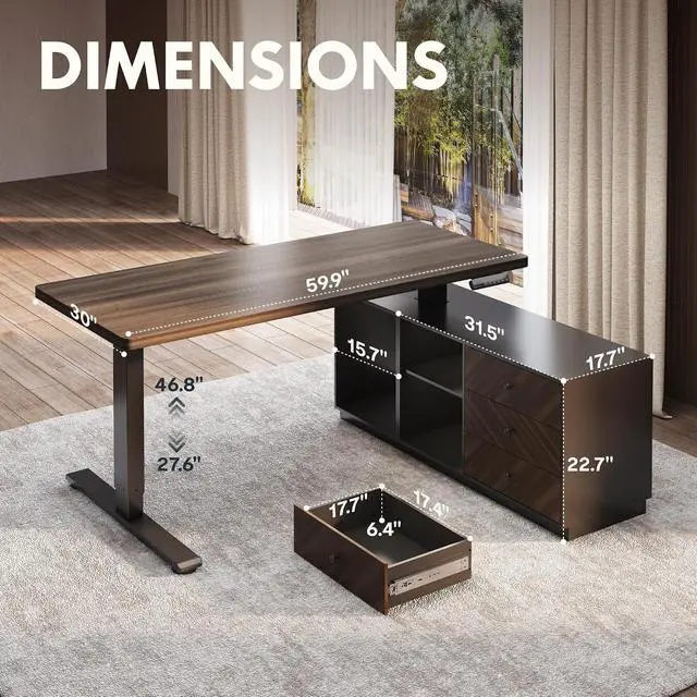 Alt view image 2 of 7 - 60" L Shaped Standing Desk with Storage & CPU Holder, Dual Motor Height Adjustable Executive Desk, 222 LBS Capacity, 1" Thick Desktop for Home Office, Black Walnut, 3 Packages