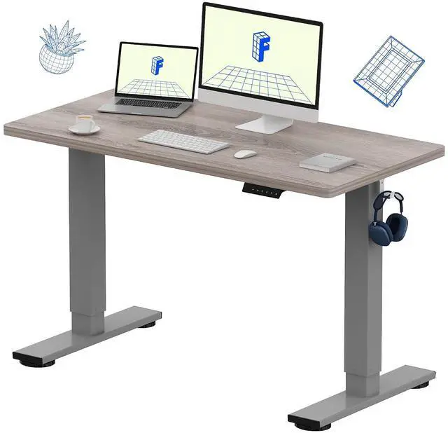 Main image of EN1 One-Piece Standing Desk 48 x 24 Inches Height Adjustable Electric Desk (Silver Frame + Grey Wood Grain Top, 2 Packages)
