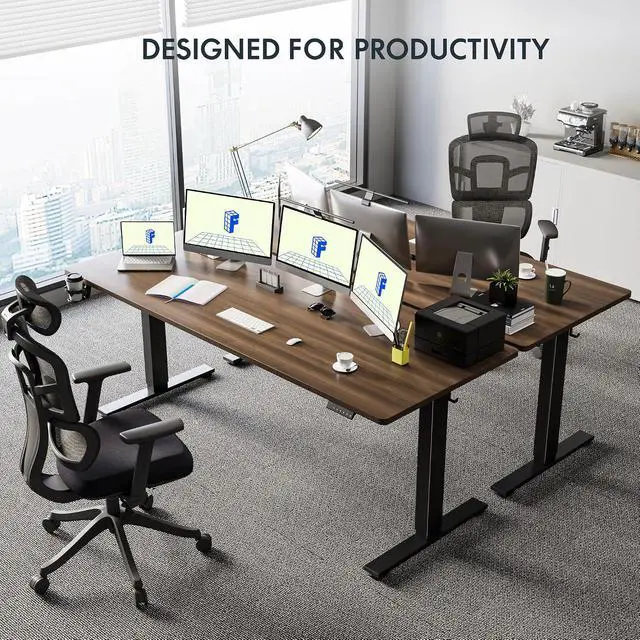 Alt view image 2 of 7 - 63" x 32" Office Standing Desk, Height Adjustable Sit-Stand Desk, Quiet & Stable, with Cable Management & Cup Holder, for Commercial Use, Black Walnut Top (2 Packages)
