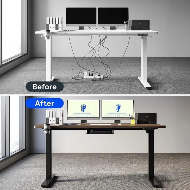 Alt view image 4 of 7 - 63" x 32" Office Standing Desk, Height Adjustable Sit-Stand Desk, Quiet & Stable, with Cable Management & Cup Holder, for Commercial Use, Black Walnut Top (2 Packages)