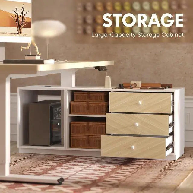Alt view image 3 of 7 - 55" L Shaped Standing Desk with Storage & CPU Holder, Dual Motor Height Adjustable Executive Desk, 222 LBS Capacity, 1" Thick Desktop for Home Office, White Wood Grain, 3 Packages