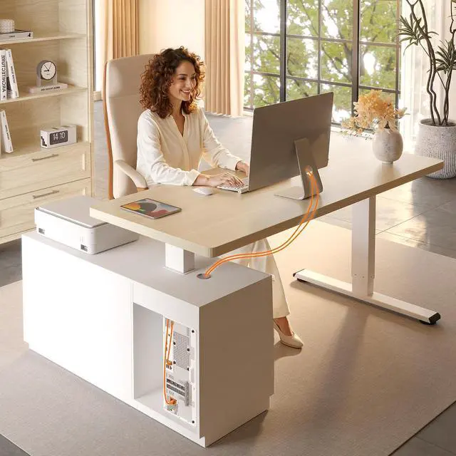 Alt view image 5 of 7 - 55" L Shaped Standing Desk with Storage & CPU Holder, Dual Motor Height Adjustable Executive Desk, 222 LBS Capacity, 1" Thick Desktop for Home Office, White Wood Grain, 3 Packages