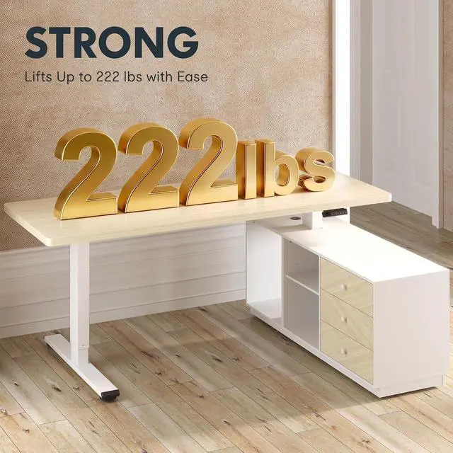 Alt view image 7 of 7 - 55" L Shaped Standing Desk with Storage & CPU Holder, Dual Motor Height Adjustable Executive Desk, 222 LBS Capacity, 1" Thick Desktop for Home Office, White Wood Grain, 3 Packages