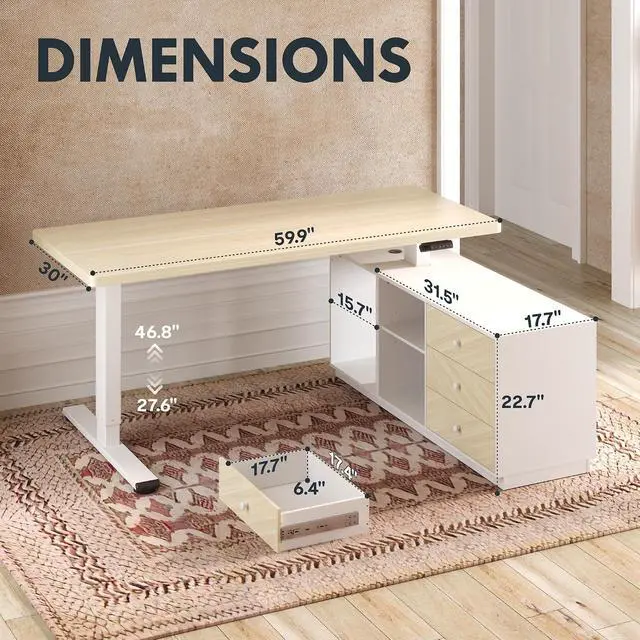 Alt view image 2 of 7 - 60" L Shaped Standing Desk with Storage & CPU Holder, Dual Motor Height Adjustable Executive Desk, 222 LBS Capacity, 1" Thick Desktop for Home Office, White Wood Grain, 3 Packages