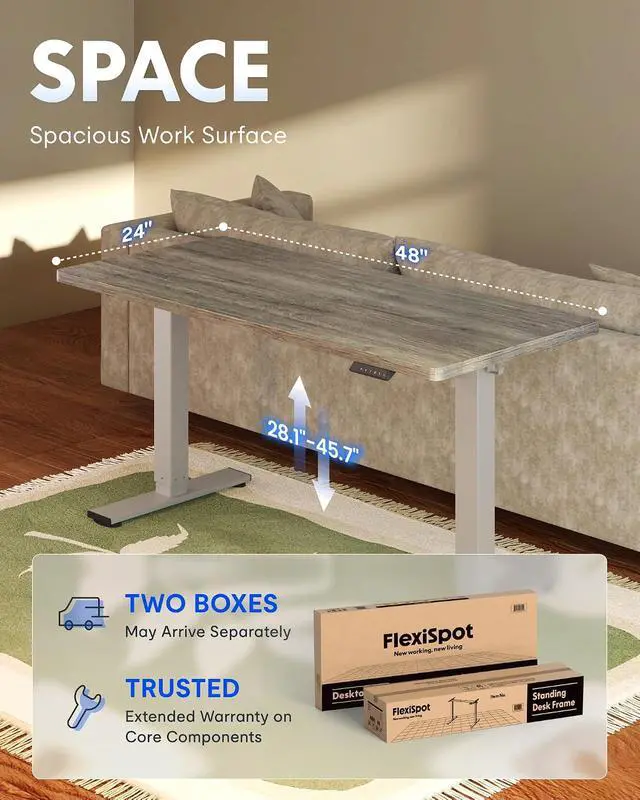 Alt view image 5 of 7 - EN1 One-Piece Standing Desk 48 x 24 Inches Height Adjustable Electric Desk (Silver Frame + Grey Wood Grain Top, 2 Packages)