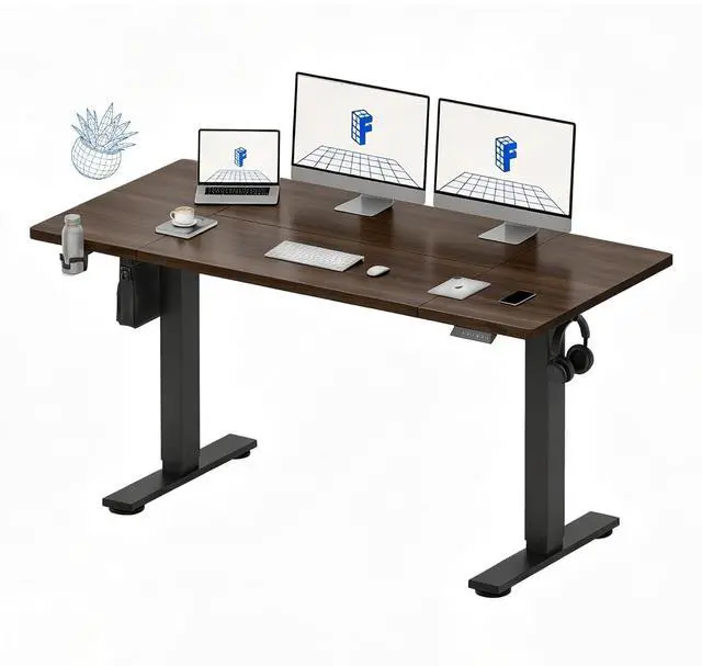 Main image of 63x32 Inch Electric Large Standing Desk for Home & Office, Spacious Splice Board Desk with Cable Management & Organizer, Cup Holder & Hook, Black Walnut