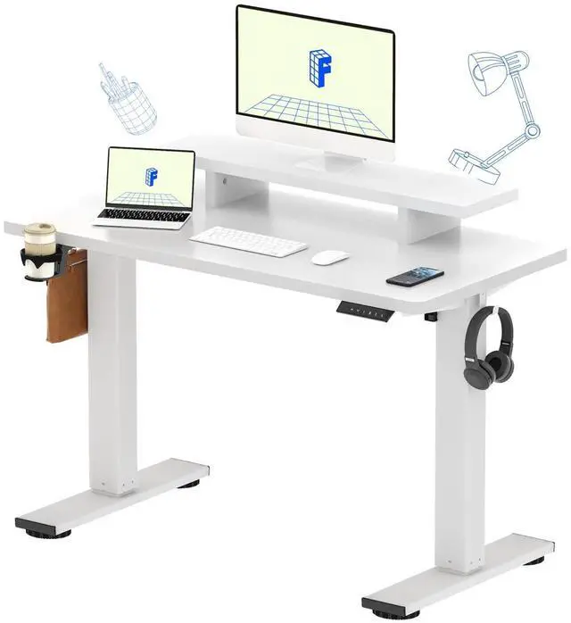 Main image of Standing Desk with Monitor Stand, 48 x 24 Inches One-Piece Electric Height Adjustable Computer Desk with Cup Holder for Home Office (White Frame+ White Top)