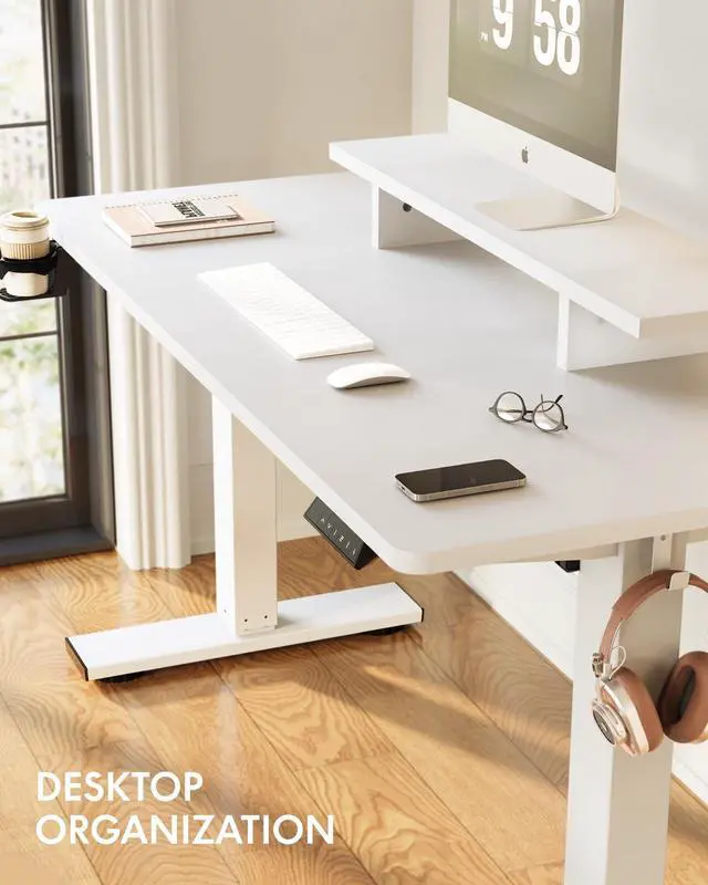 Alt view image 2 of 7 - Standing Desk with Monitor Stand, 48 x 24 Inches One-Piece Electric Height Adjustable Computer Desk with Cup Holder for Home Office (White Frame+ White Top)