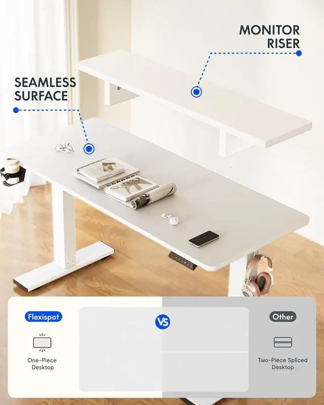 Alt view image 3 of 7 - Standing Desk with Monitor Stand, 48 x 24 Inches One-Piece Electric Height Adjustable Computer Desk with Cup Holder for Home Office (White Frame+ White Top)